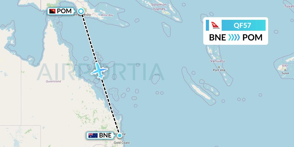 QF57 Qantas Flight Map: Brisbane to Port Moresby