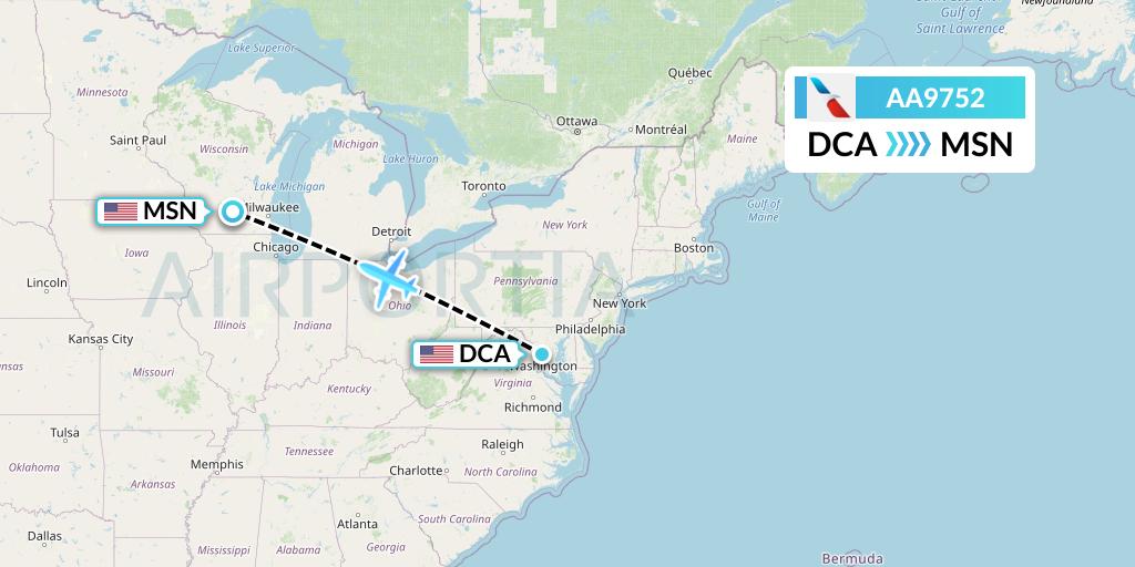 AA9752 American Airlines Flight Map: Washington to Madison
