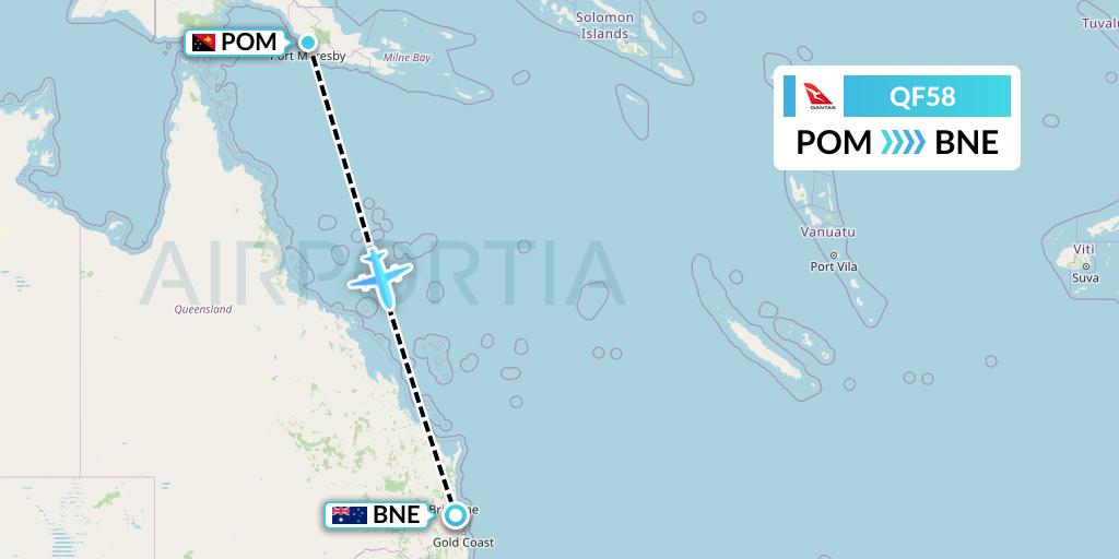 QF58 Qantas Flight Map: Port Moresby to Brisbane
