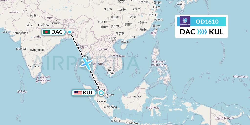 OD1610 Batik Air Malaysia Flight Map: Dhaka to Kuala Lumpur