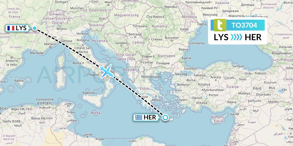 TO3704 Transavia France Flight Map: Lyon to Heraklion