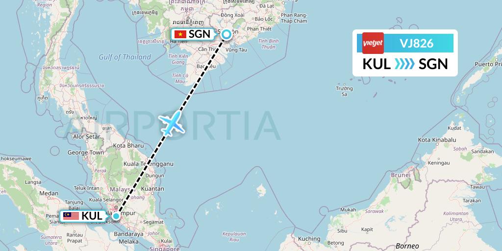 VJ826 VietJet Air Flight Map: Kuala Lumpur to Ho Chi Minh City