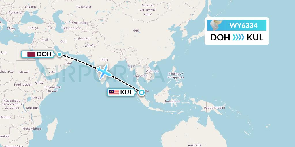 WY6334 Oman Air Flight Map: Doha to Kuala Lumpur