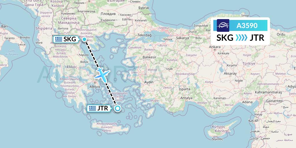 A3590 Aegean Airlines Flight Map: Thessaloniki to Santorini