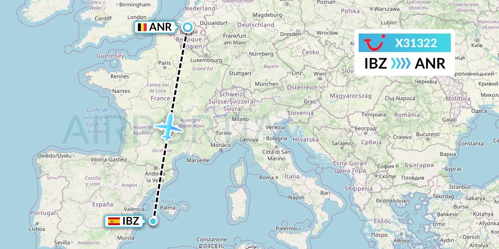 X31322 TUI fly Germany Flight Map: Ibiza to Antwerp