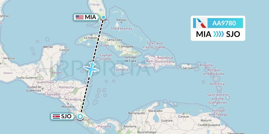 AA9780 American Airlines Flight Map: Miami to San Jose