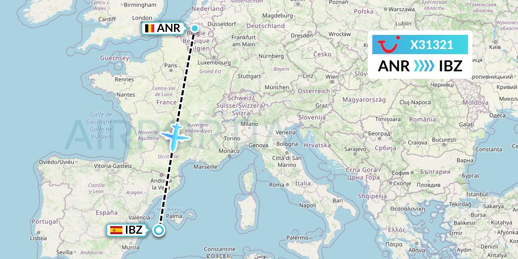 X31321 TUI fly Germany Flight Map: Antwerp to Ibiza