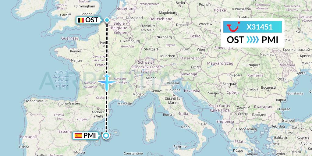 X31451 TUI fly Germany Flight Map: Ostend to Palma de Mallorca