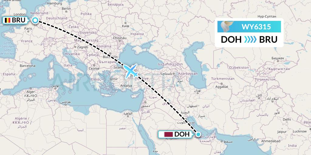 WY6315 Oman Air Flight Map: Doha to Brussels