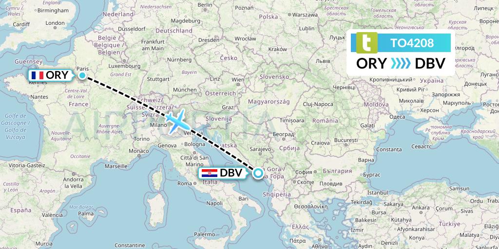 TO4208 Transavia France Flight Map: Paris to Dubrovnik