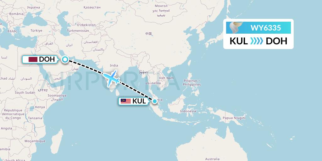 WY6335 Oman Air Flight Map: Kuala Lumpur to Doha