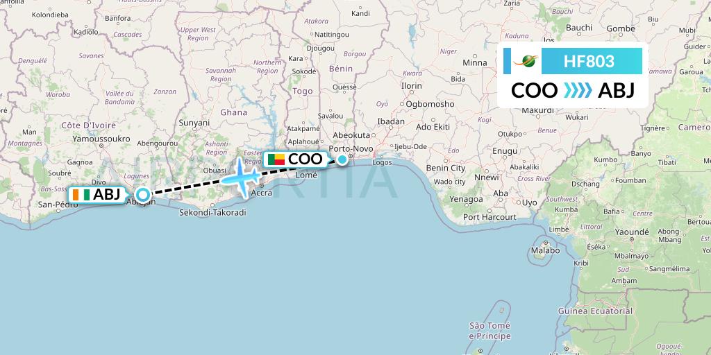 HF803 Air Cote d'Ivoire Flight Map: Cotonou to Abidjan