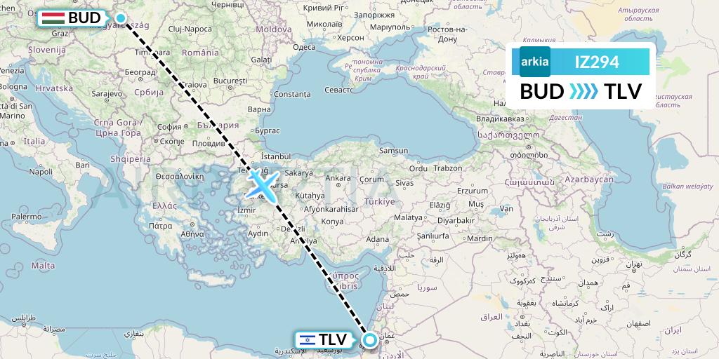 IZ294 Arkia Israeli Airlines Flight Map: Budapest to Tel Aviv