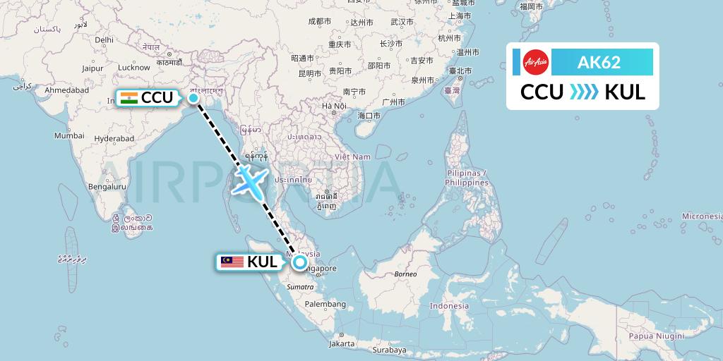 AK62 AirAsia Flight Map: Kolkata to Kuala Lumpur