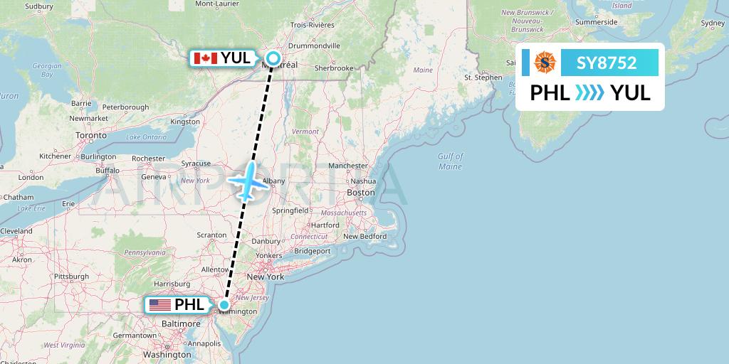 SY8752 Sun Country Airlines Flight Map: Philadelphia to Montreal