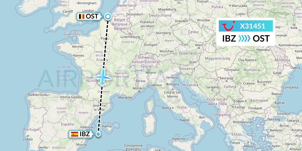 X31451 TUI fly Germany Flight Map: Ibiza to Ostend