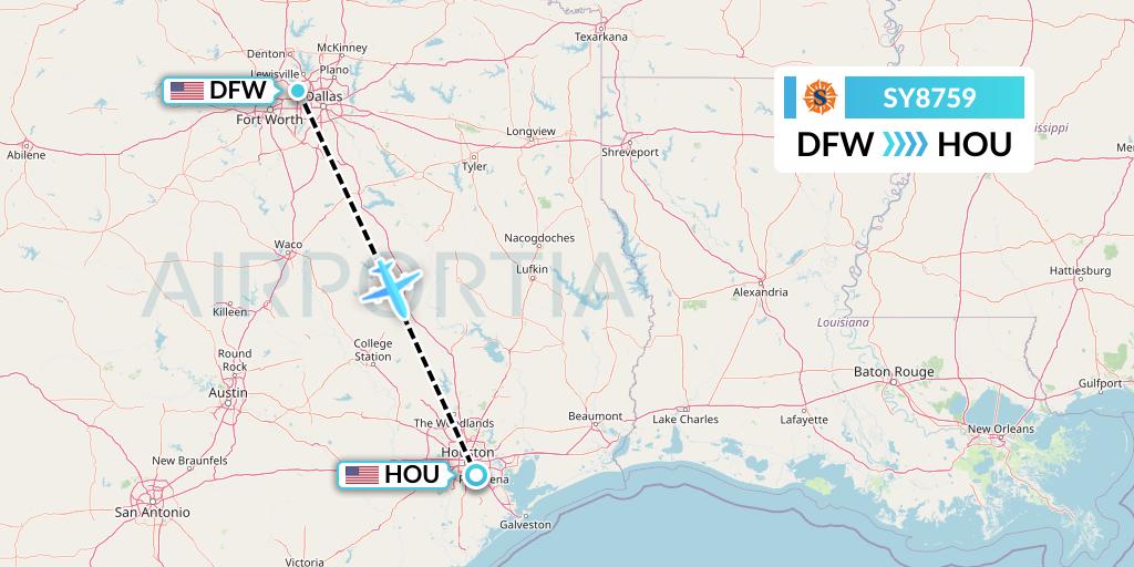 SY8759 Sun Country Airlines Flight Map: Dallas to Houston