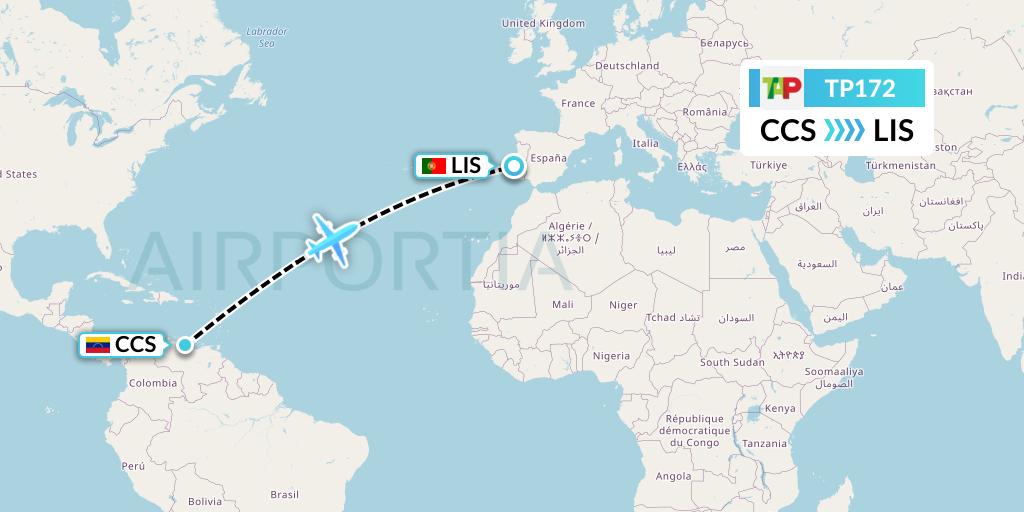 TP172 TAP Portugal Flight Map: Caracas to Lisbon