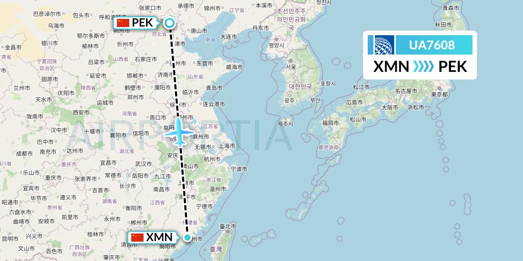 UA7608 United Airlines Flight Map: Xiamen to Beijing
