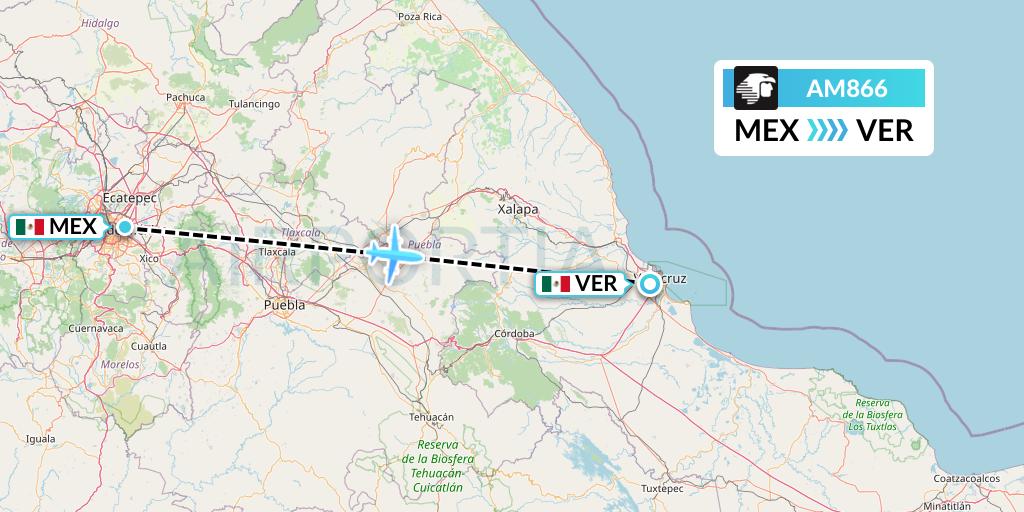 AM866 Aeromexico Flight Map: Mexico City to Veracruz