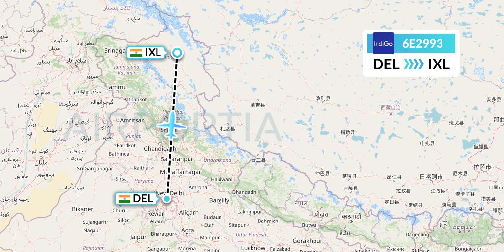 6E2993 IndiGo Airlines Flight Map: Delhi to Leh