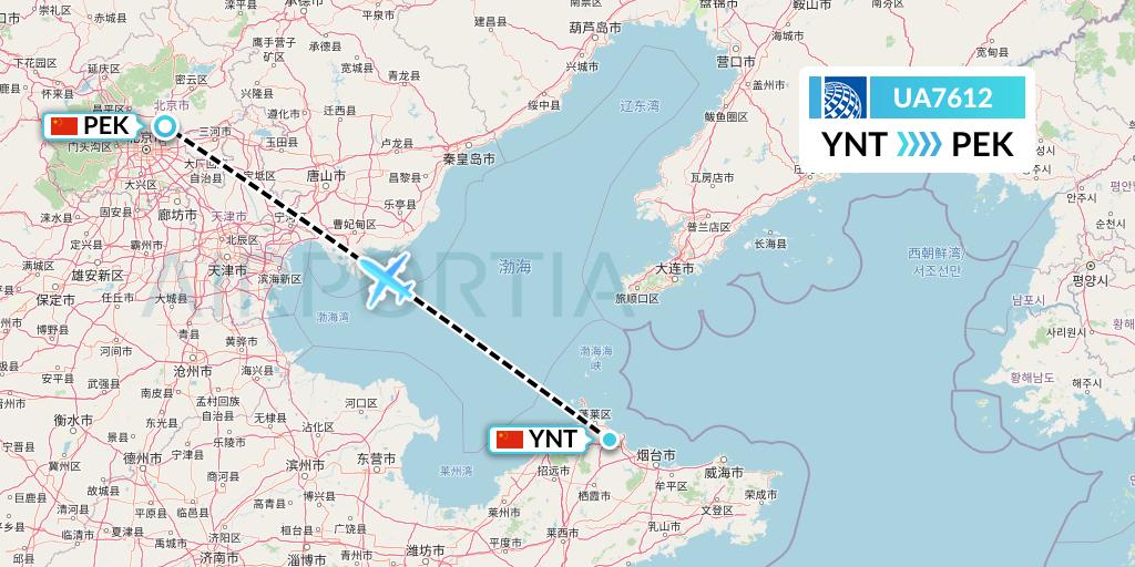 UA7612 United Airlines Flight Map: Yantai to Beijing