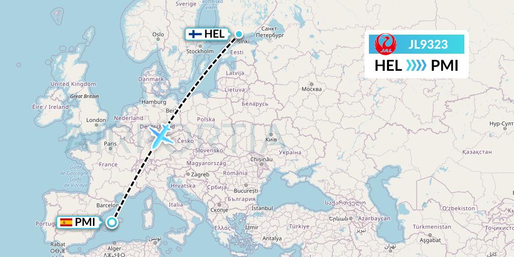 JL9323 Japan Airlines Flight Map: Helsinki to Palma de Mallorca