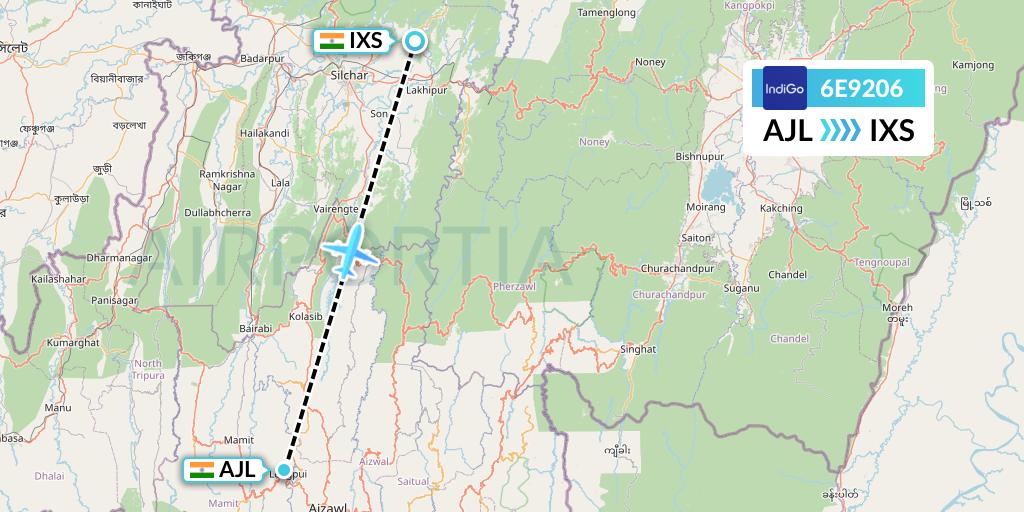 6E9206 IndiGo Airlines Flight Map: Aizawl to Silchar