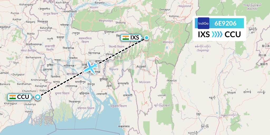 6E9206 IndiGo Airlines Flight Map: Silchar to Kolkata