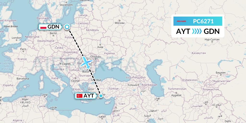 PC6271 Pegasus Airlines Flight Map: Antalya to Gdansk