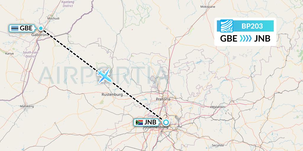 BP203 Air Botswana Flight Map: Gaborone to Johannesburg