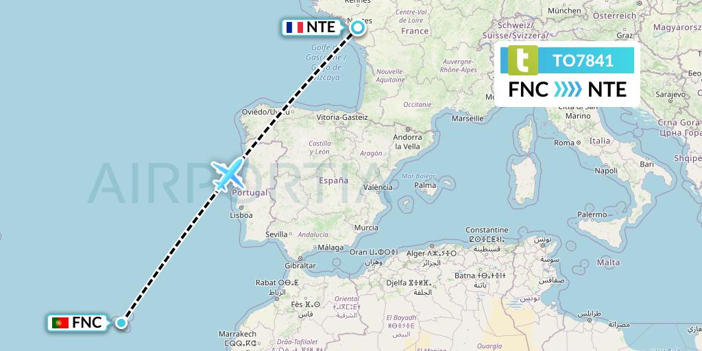 TO7841 Transavia France Flight Map: Funchal to Nantes