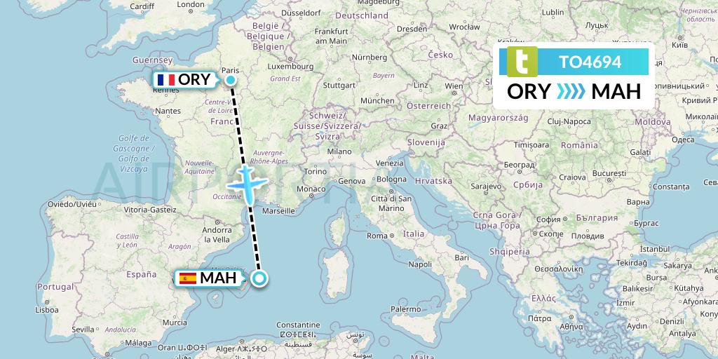 TO4694 Transavia France Flight Map: Paris to Mahon