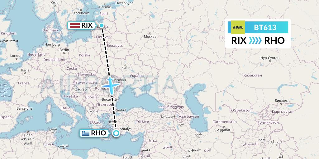BT613 Air Baltic Flight Map: Riga to Rhodes