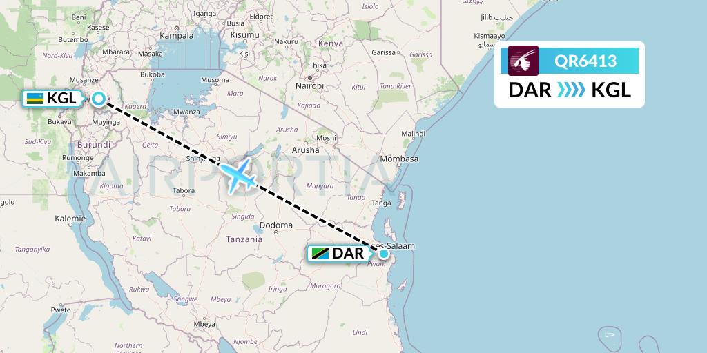 QR6413 Qatar Airways Flight Map: Dar-es-Salaam to Kigali