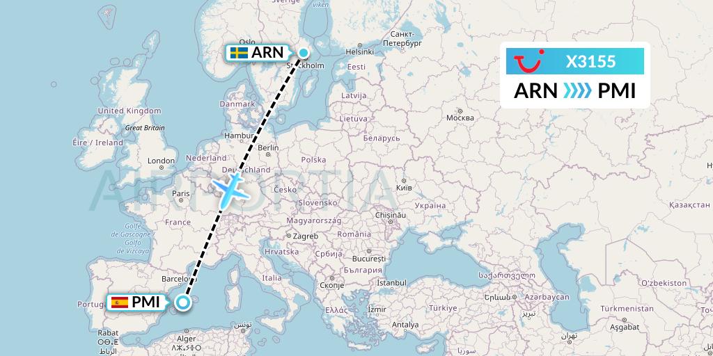 X3155 TUI fly Germany Flight Map: Stockholm to Palma de Mallorca