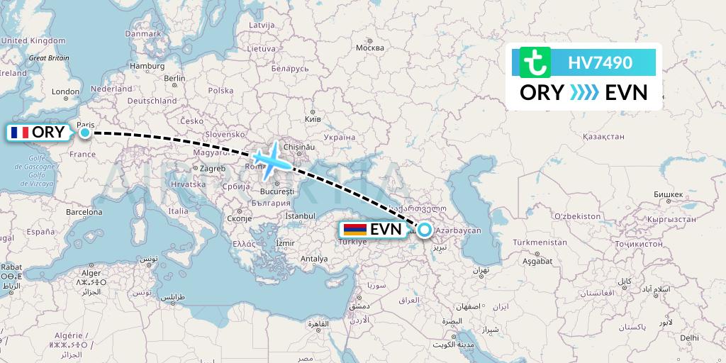 HV7490 Transavia Flight Map: Paris to Yerevan