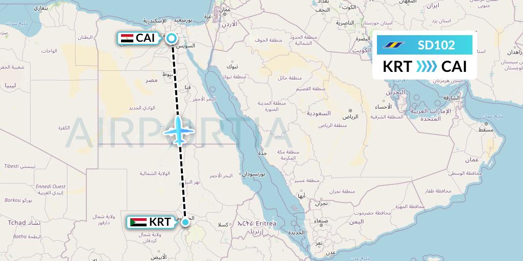 SD102 Sudan Airways Flight Map: Khartoum to Cairo