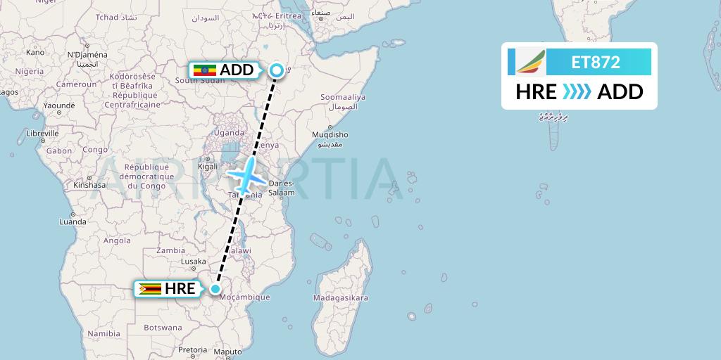 ET872 Ethiopian Airlines Flight Map: Harare to Addis Ababa