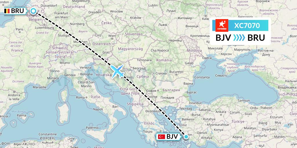XC7070 Corendon Airlines Flight Map: Bodrum to Brussels