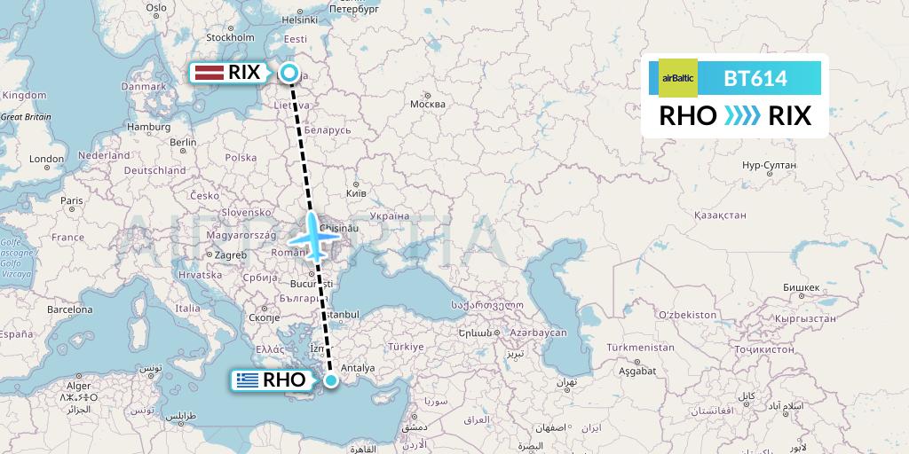 BT614 Air Baltic Flight Map: Rhodes to Riga
