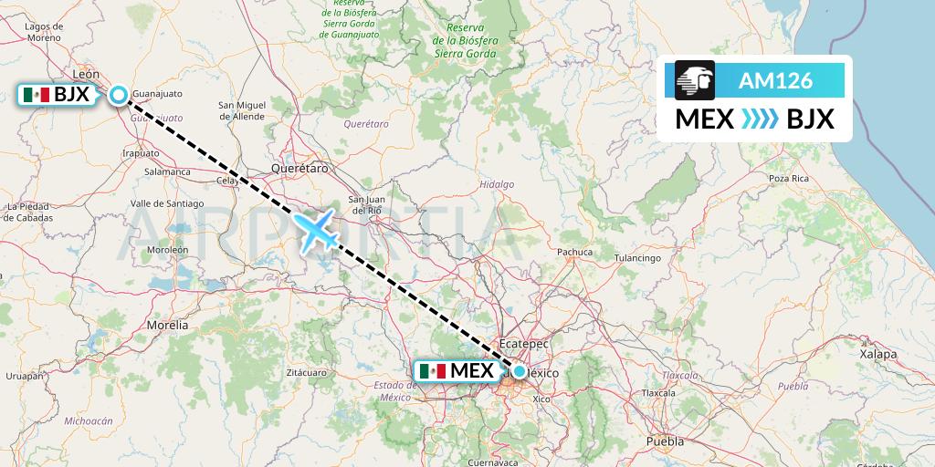 AM126 Aeromexico Flight Map: Mexico City to Silao