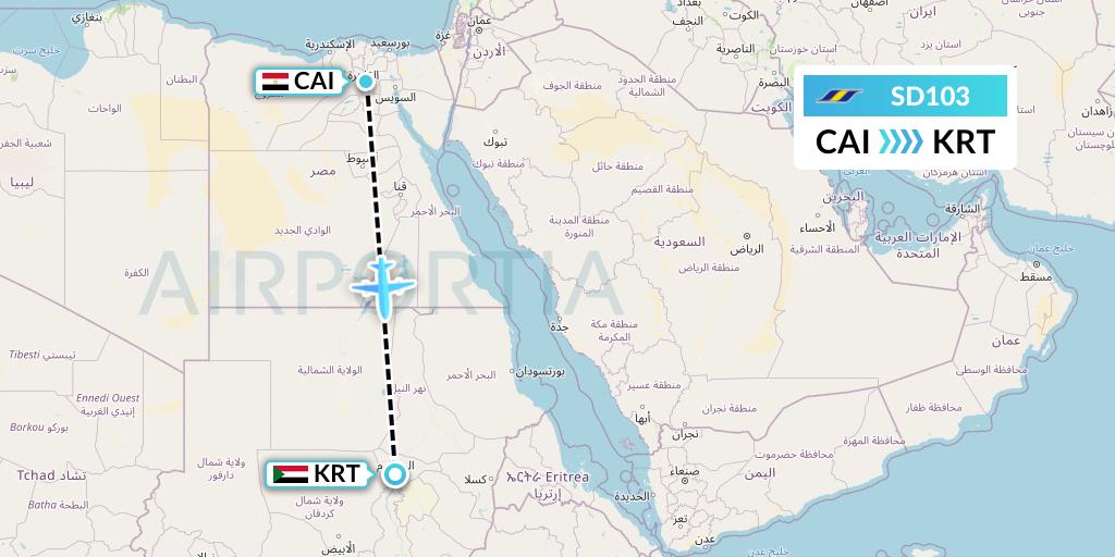 SD103 Sudan Airways Flight Map: Cairo to Khartoum
