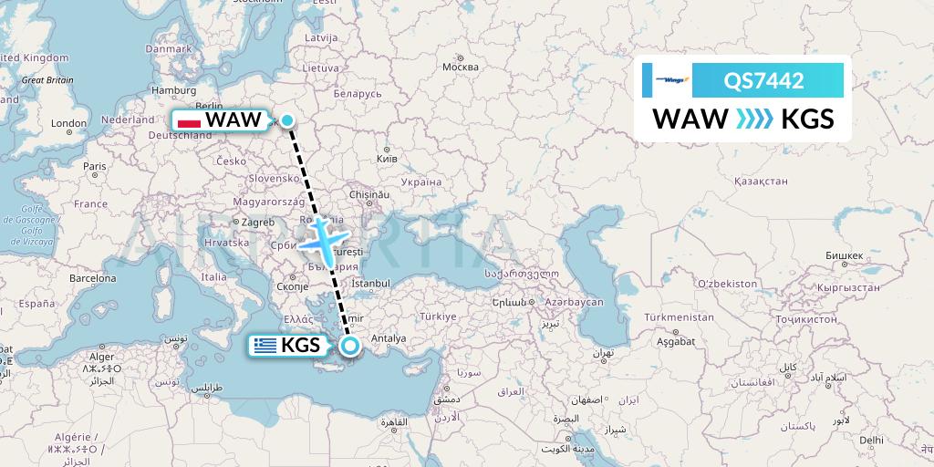 QS7442 Smartwings Flight Map: Warsaw to Kos
