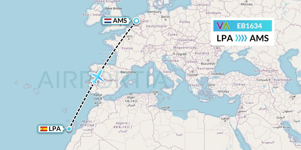 EB1634 Wamos Air Flight Map: Las Palmas to Amsterdam