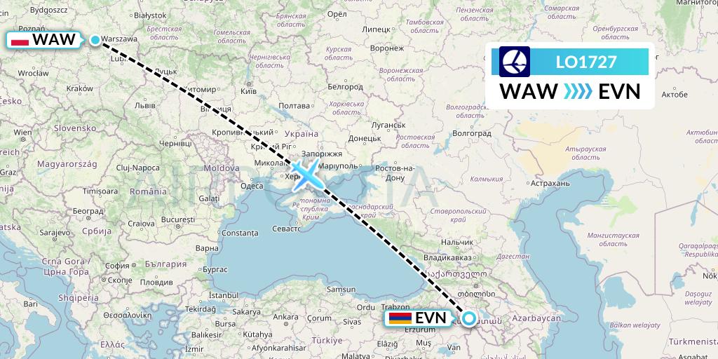 LO1727 LOT Flight Map: Warsaw to Yerevan