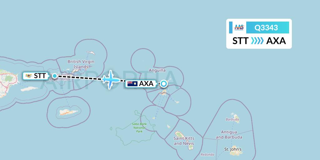 Q3343 Anguilla Air Services Flight Map: St. Thomas to The Valley