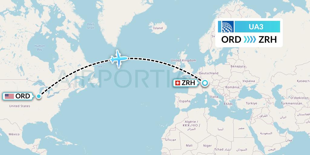 UA3 United Airlines Flight Map: Chicago to Zurich