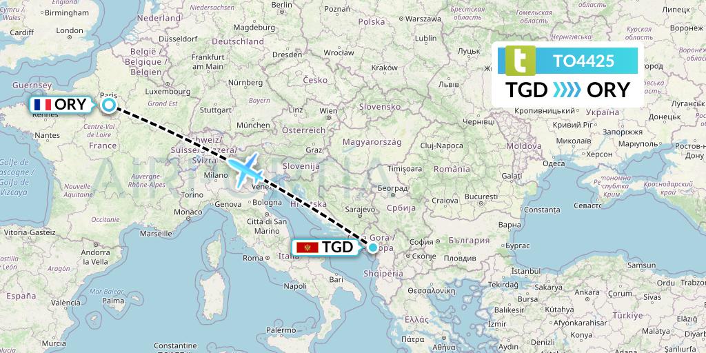 TO4425 Transavia France Flight Map: Podgorica to Paris