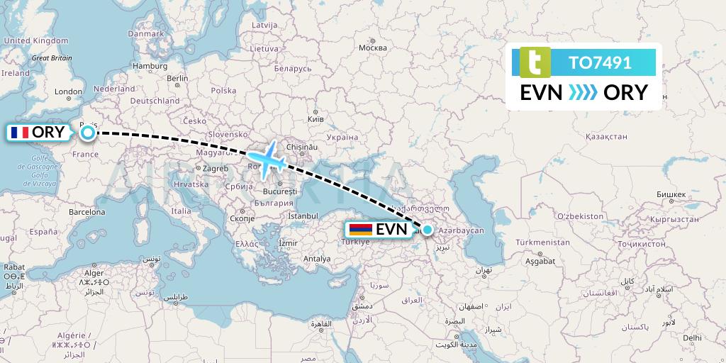 TO7491 Transavia France Flight Map: Yerevan to Paris